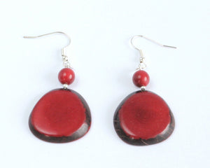 Handmade earring, fish hook, tagua, colourful, red, front