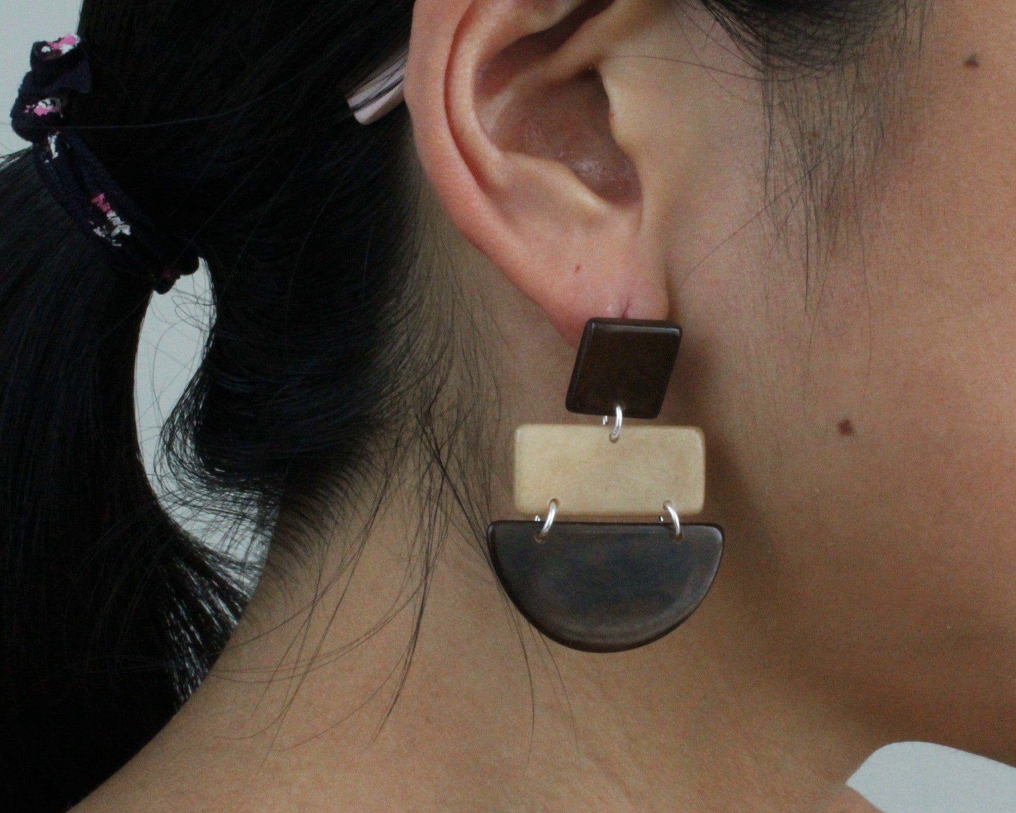 Handmade earring, sustainable, tagua, push back, brown, ear