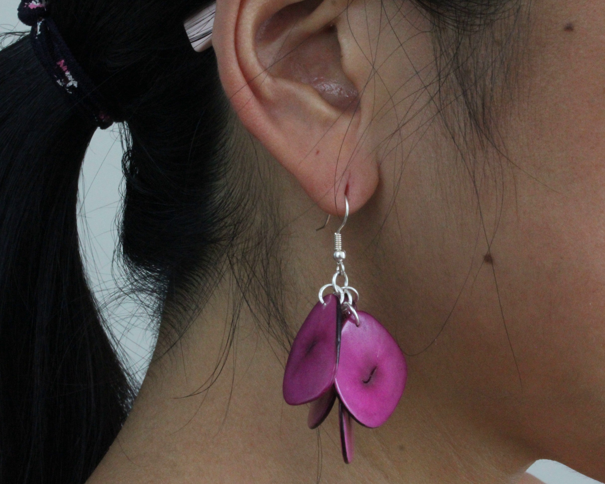 Handmade earring, fish hook, tagua, colourful, pink, ear