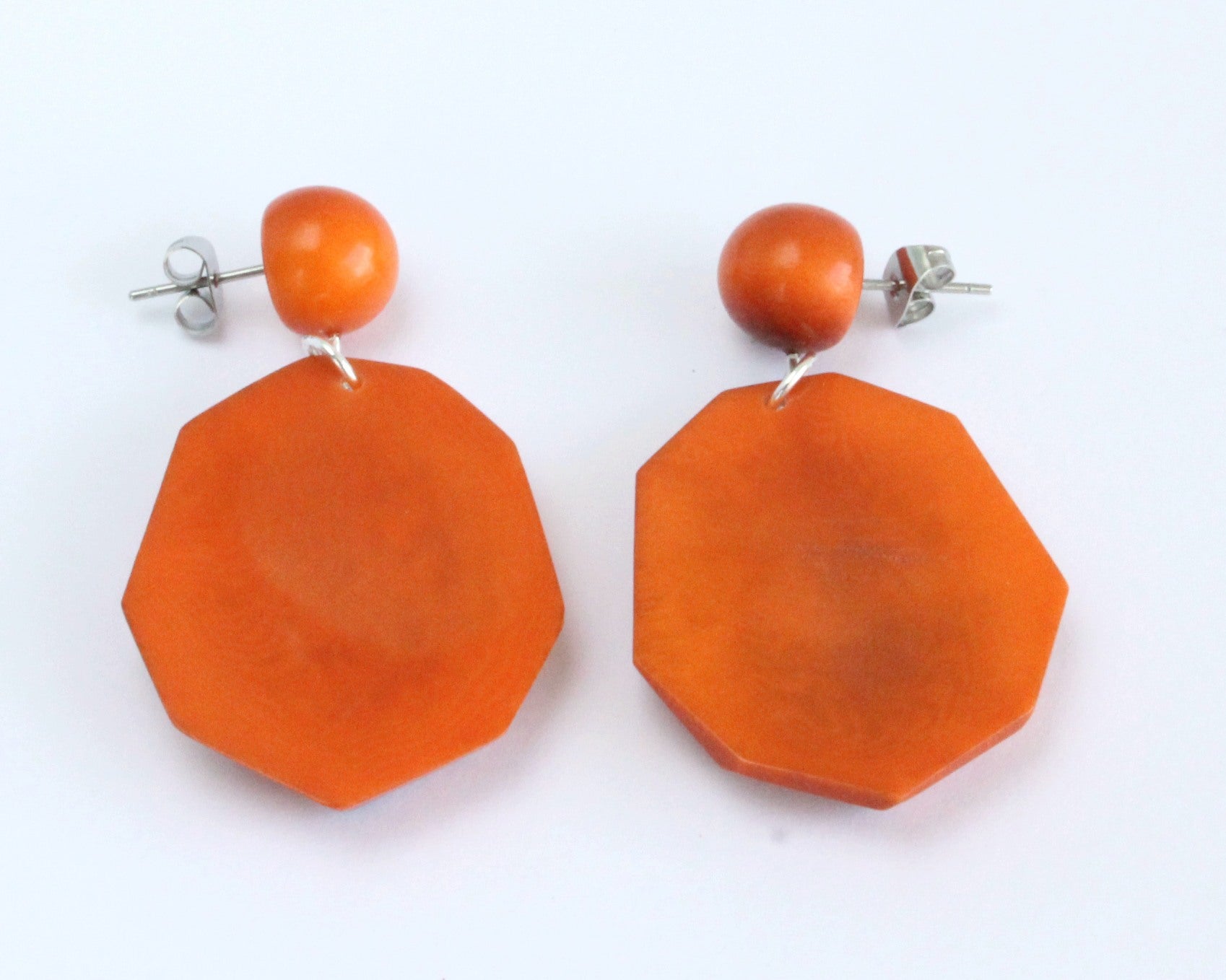 Handmade earring, push back, tagua, colourful, orange back
