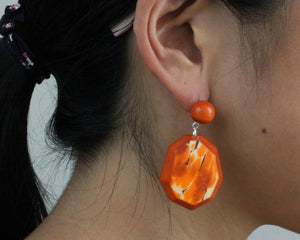 Handmade earring, push back, tagua, colourful, orange, ear