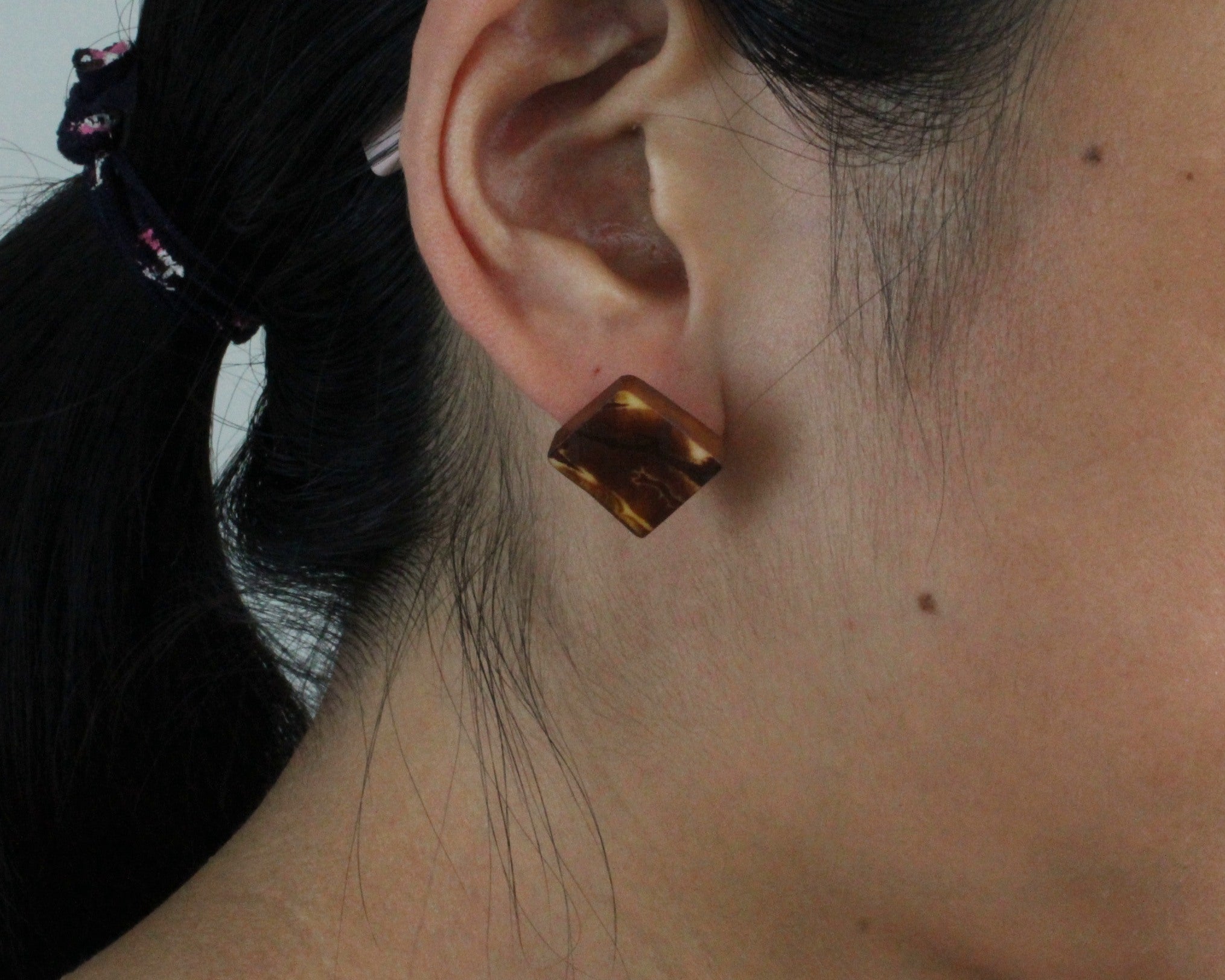 Handmade earring, sustainable, tagua, stud, push back, brown, ear