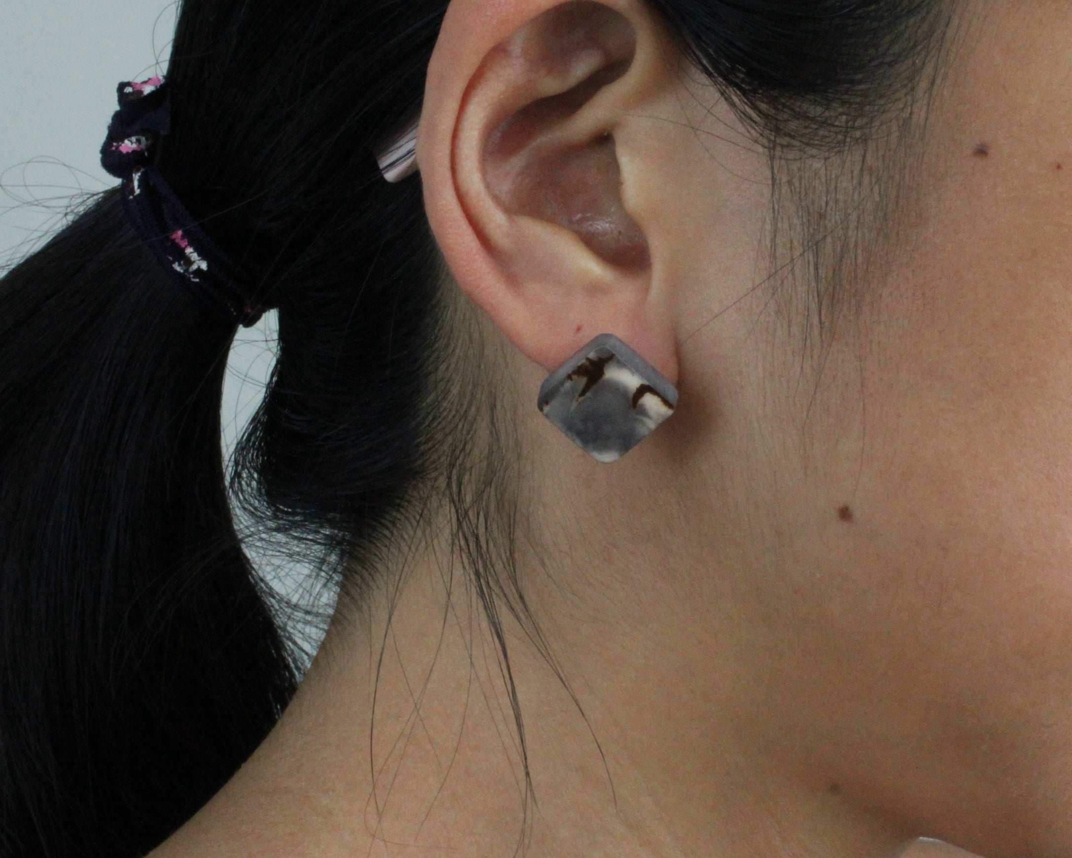 Handmade earring, sustainable, tagua, stud, push back, grey, ear