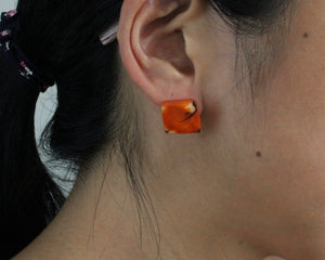 Handmade earring, sustainable, tagua, stud, push back, orange, ear