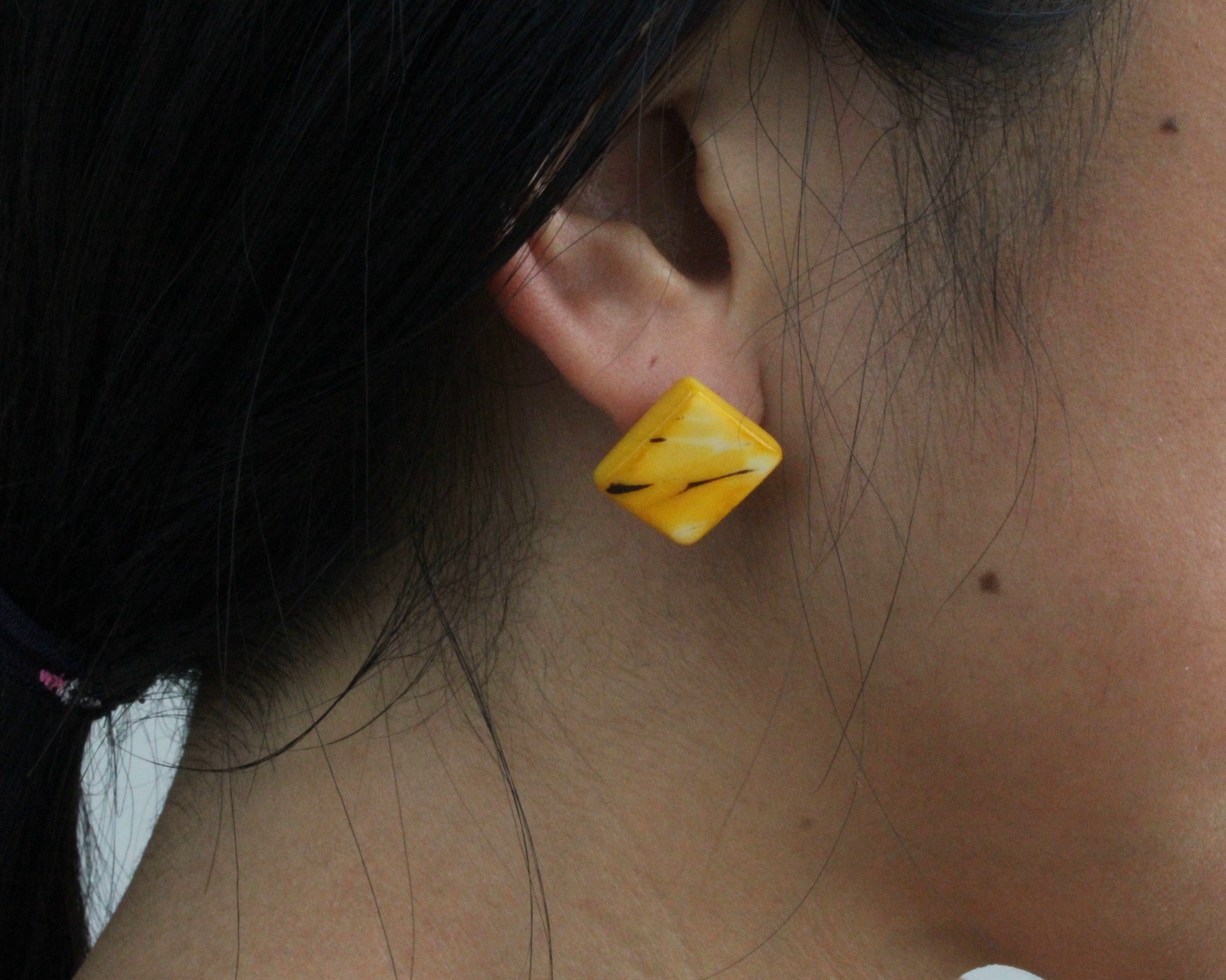 Handmade earring, sustainable, tagua, stud, push back, yellow, ear