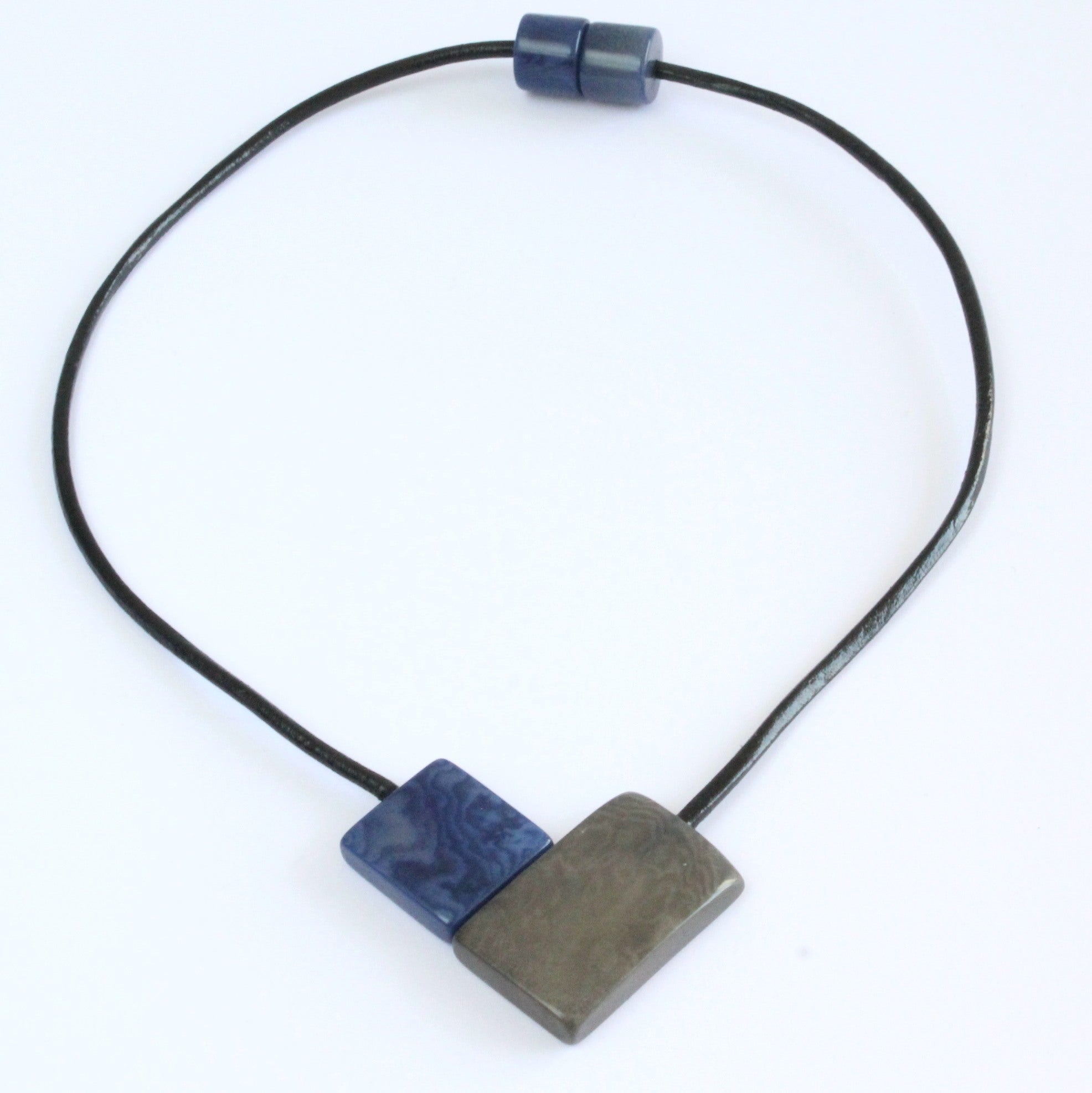 Handmade necklace, sustainable, tagua nut, magnetic lock, blue grey