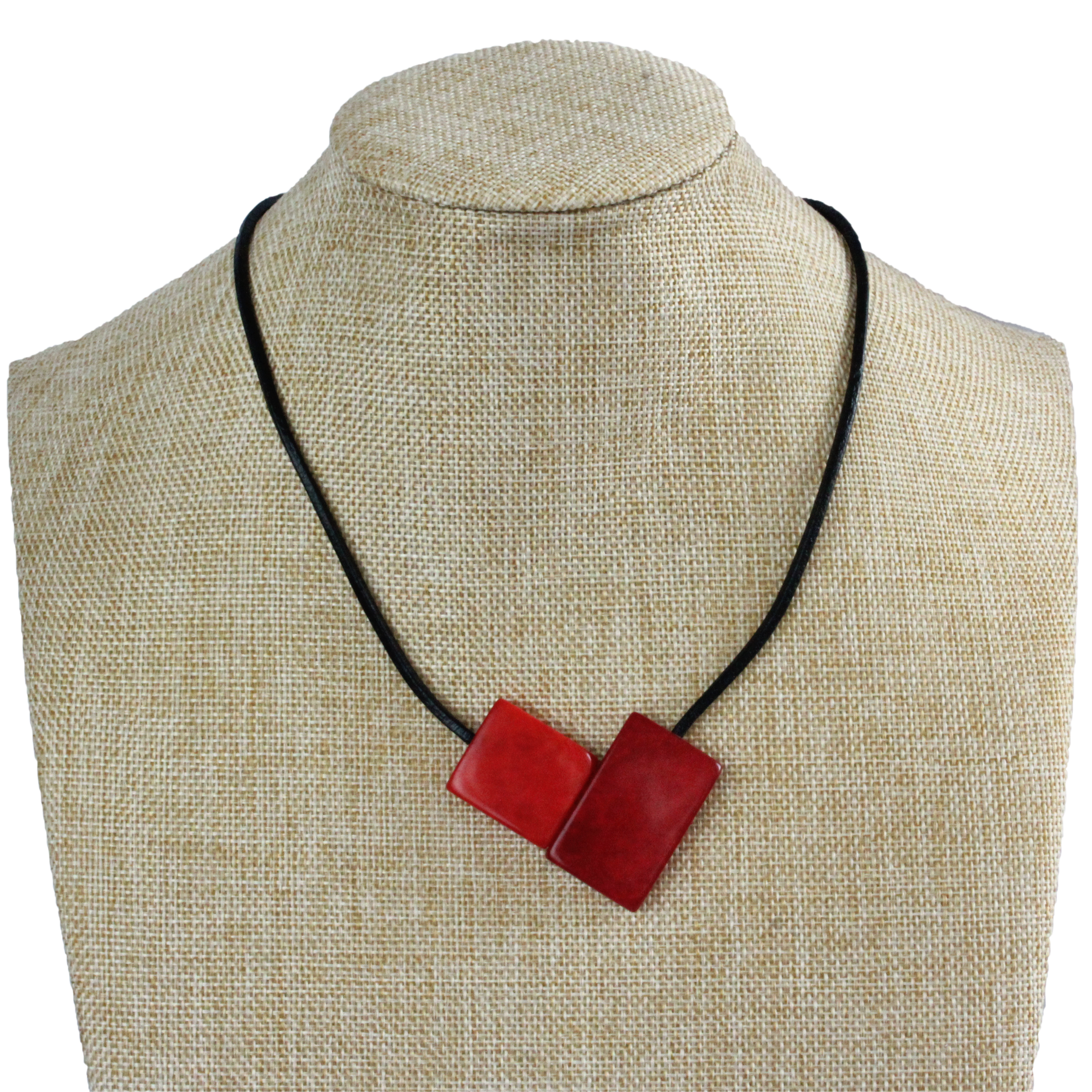 Handmade necklace, sustainable, tagua nut, magnetic lock, red, stand