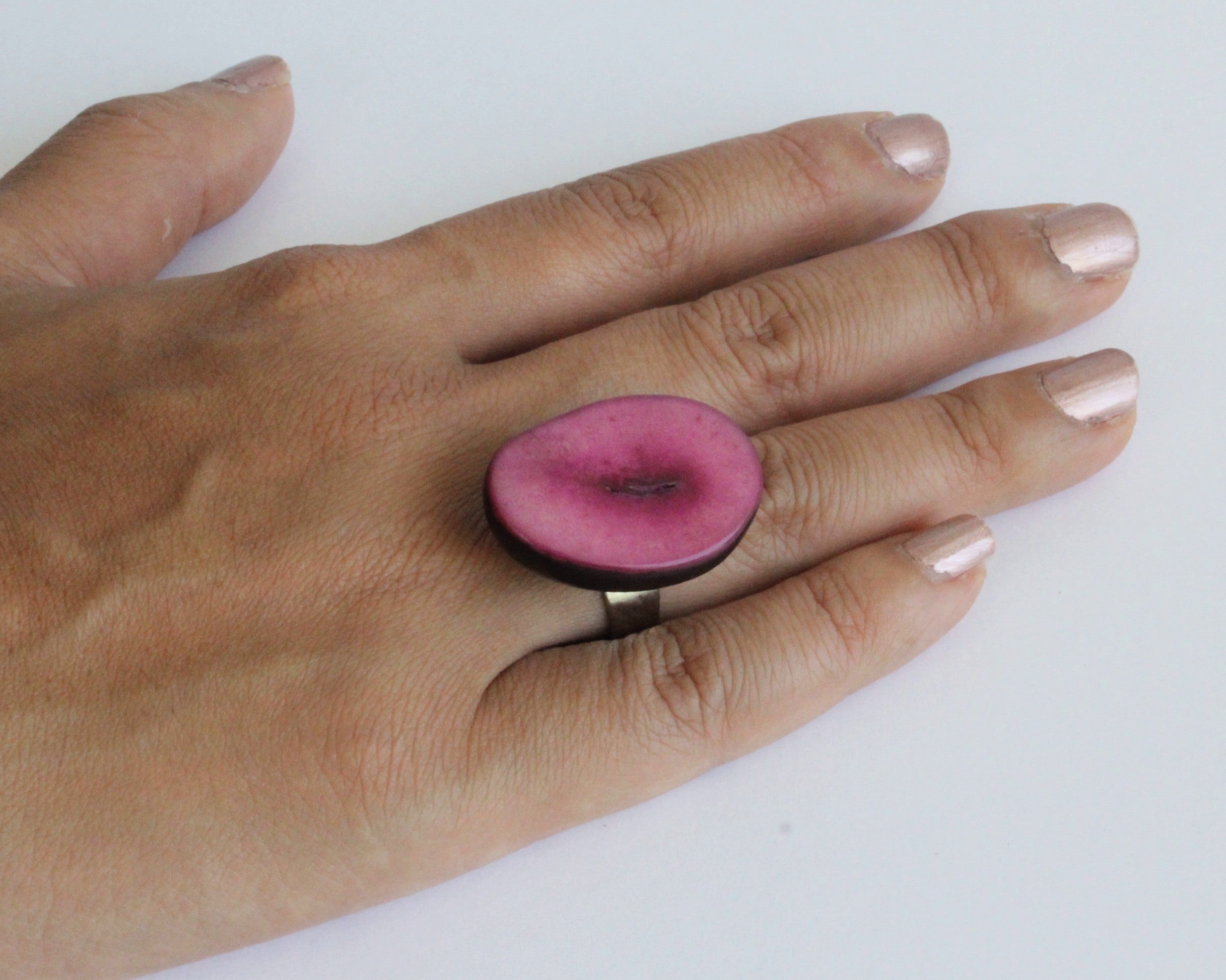 Handmade ring, tagua, pink, adjustable ring size, sustainable, ethical, hand