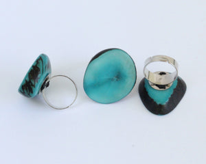 Handmade ring, tagua, turquoise, adjustable ring size, sustainable, ethical, three mixed