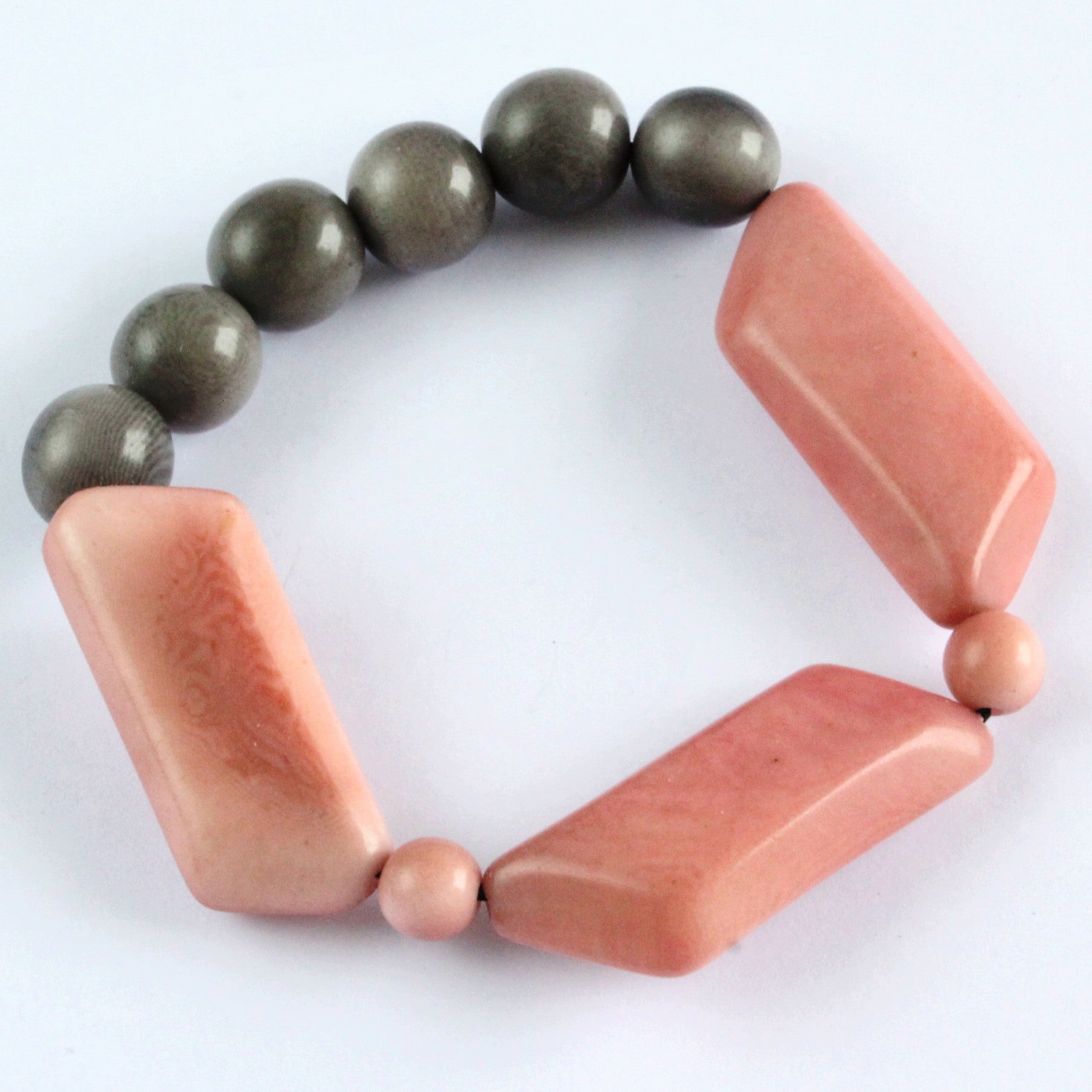 Handmade bracelet, tagua nut, sustainable, pink, grey
