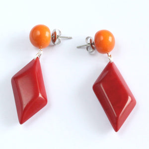 Handmade earring, tagua nut, sustainable, red, orange