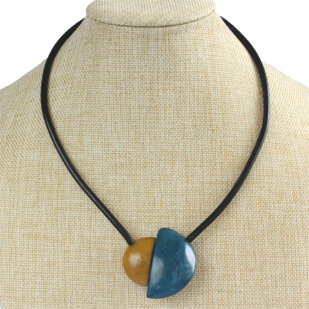Handmade necklace, tagua nut, blue beige, stand, magnetic