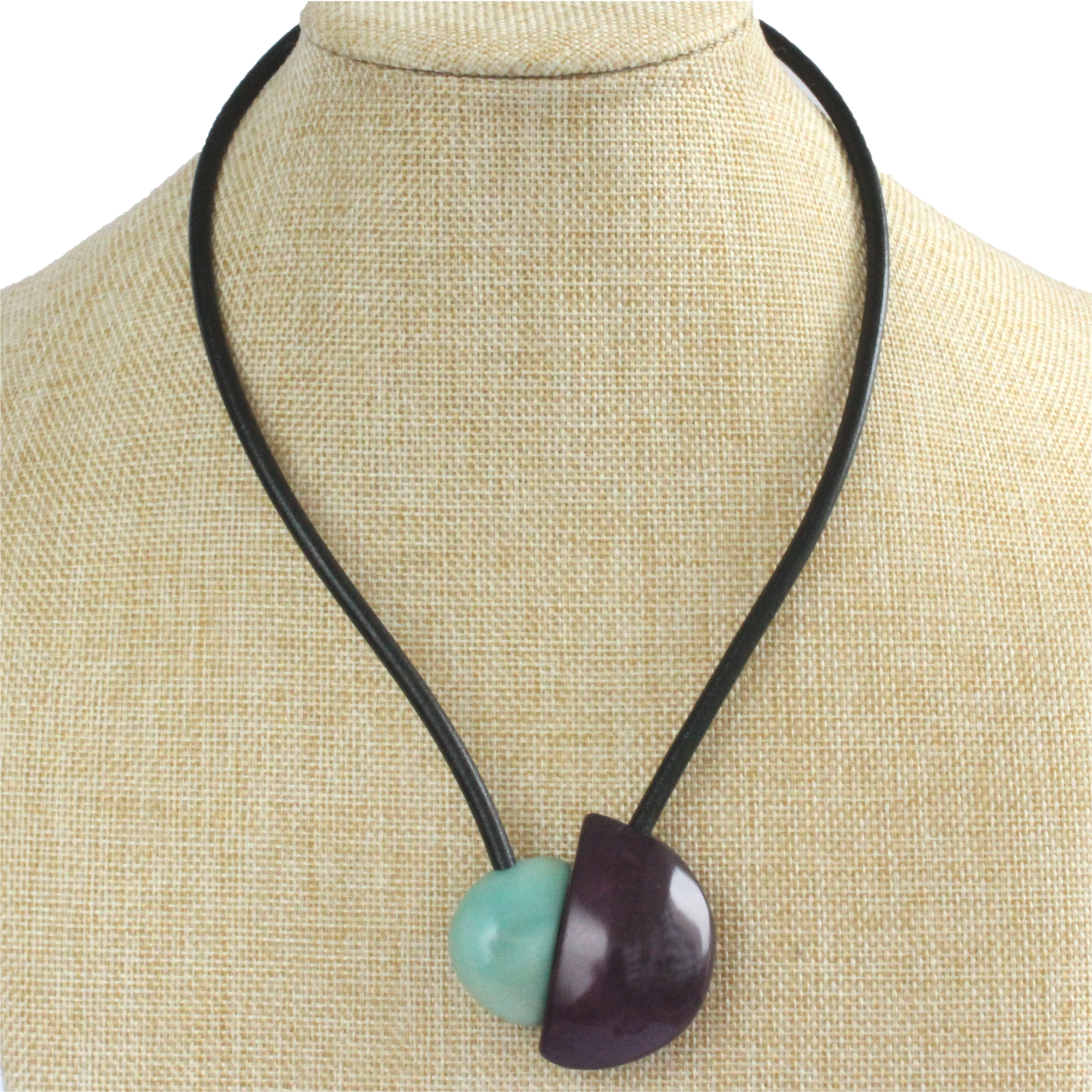 Handmade necklace, tagua nut, turquoise purple, stand, magnetic