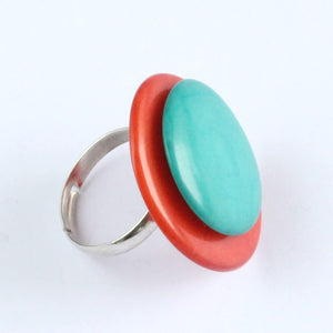 Handmade ring, tagua nut, adjustable ring size, orange and turquoise