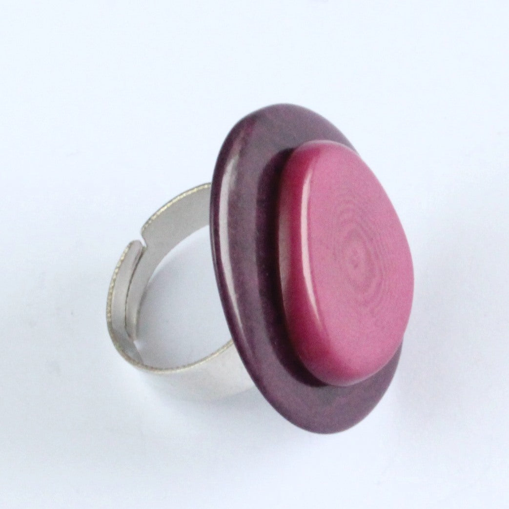 Handmade ring, tagua nut, adjustable ring size, purple and fuchsia