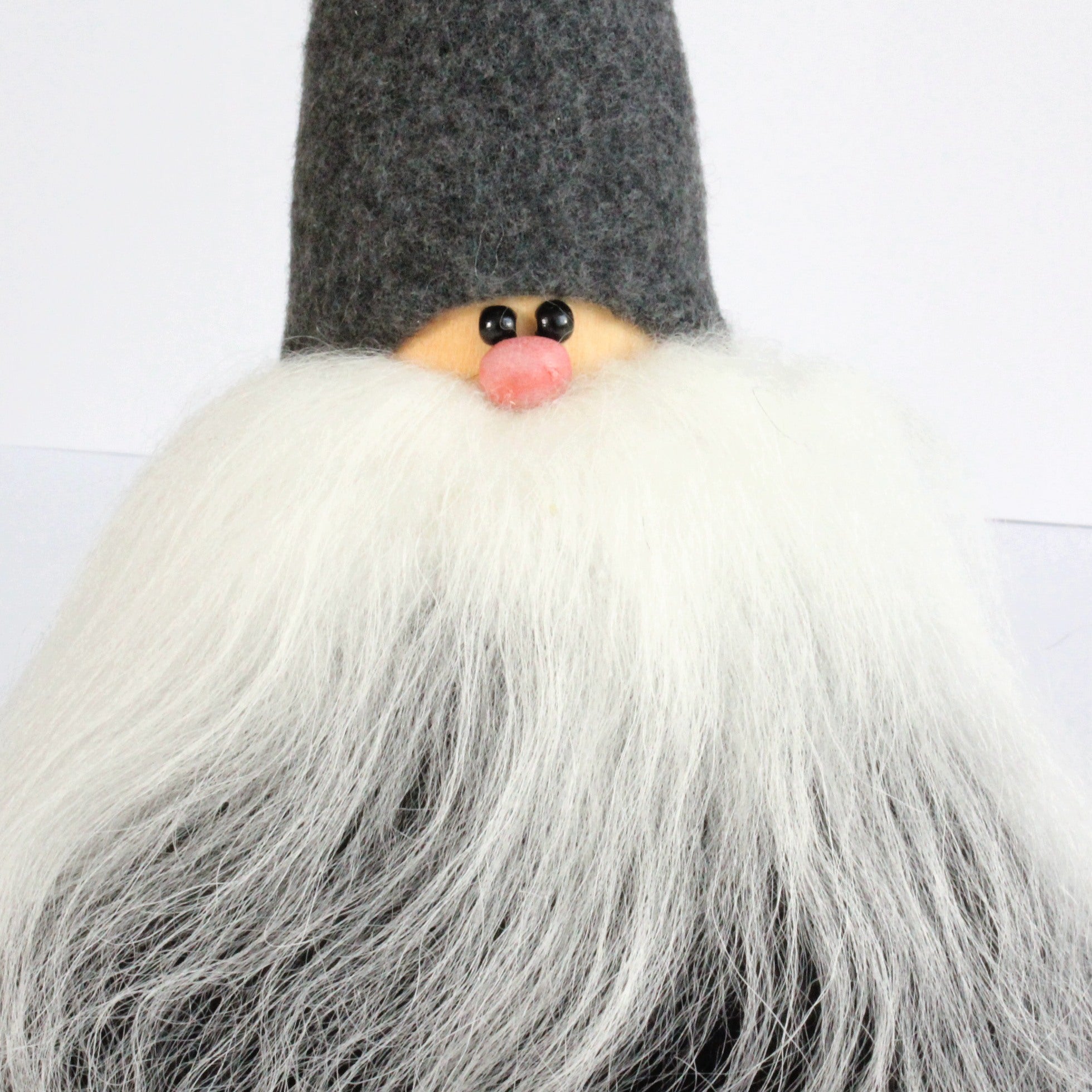 Handmade Santa, grey cap, black and white beard, sheepskin