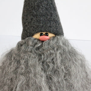 Handmade Santa, grey cap, curly grey beard, sheepskin