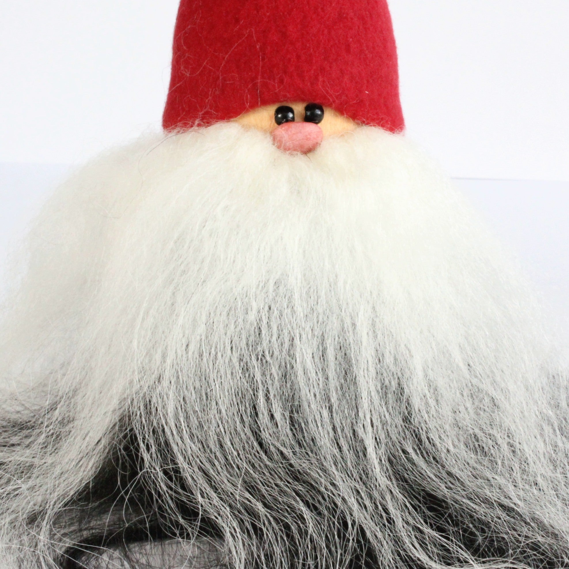 Handmade Santa, red cap, black and white beard, sheepskin