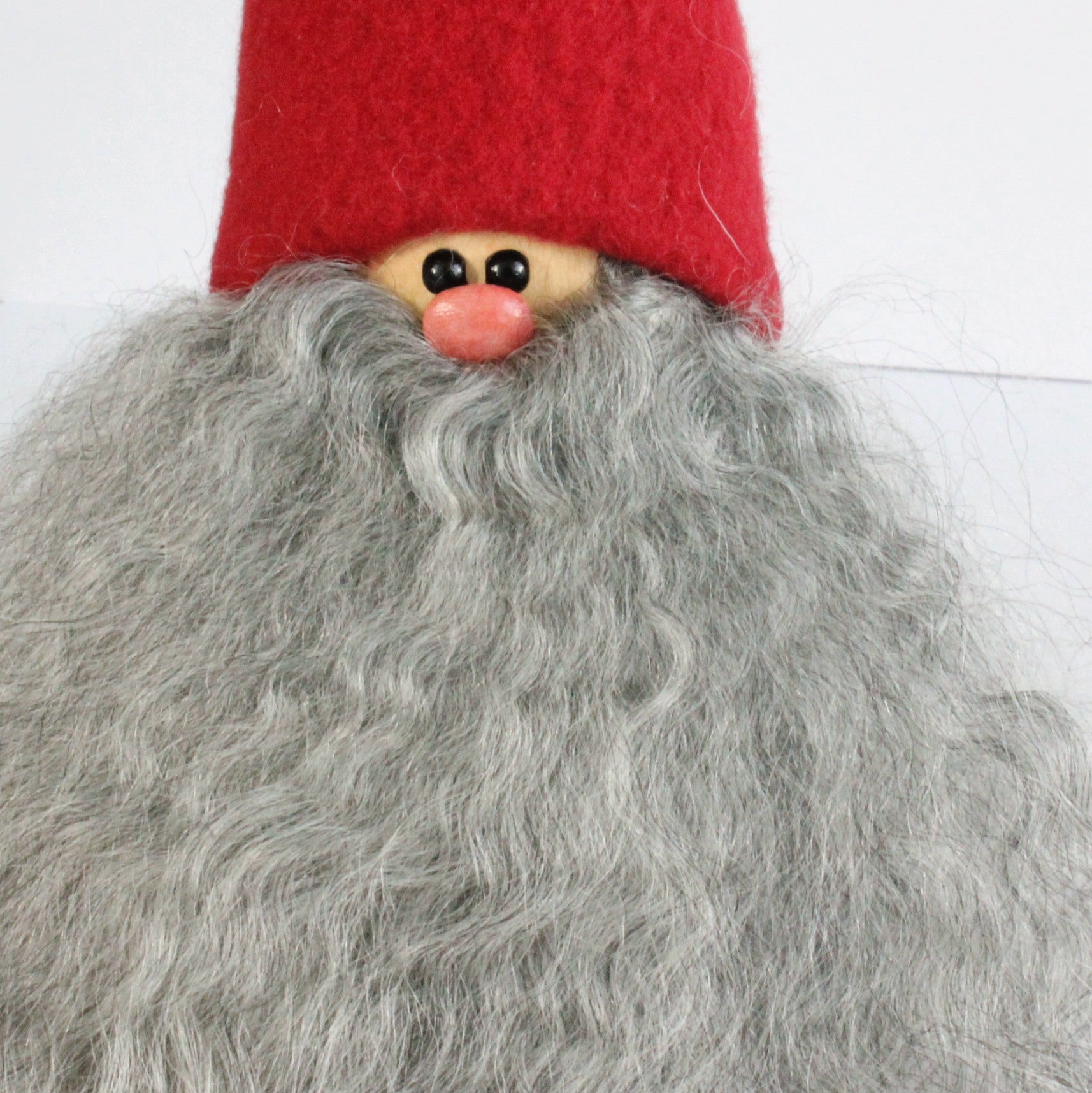 Handmade Santa, red cap, curly grey beard, sheepskin