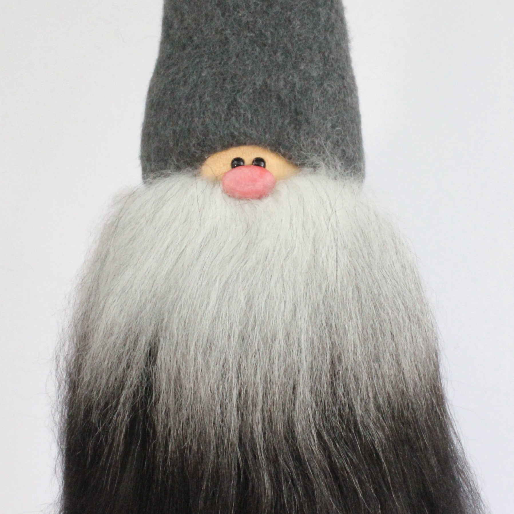 Handmade Santa, grey cap, black and white beard, sheepskin, clay nose